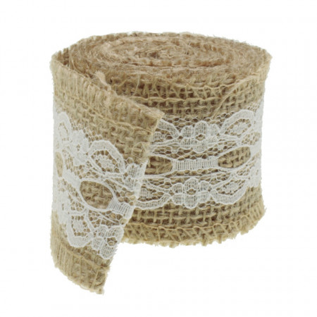Banda iuta natur cu dantela alba pe mijloc model-3 5cm x 2m