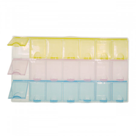 Cutie plastic transparenta cu 21 compartimente cu capacele colorate 21,5x12x2cm