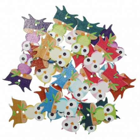 Nasture lemn multicolor bufnita pe trunchi copac 2,7x3,2cm 20/set