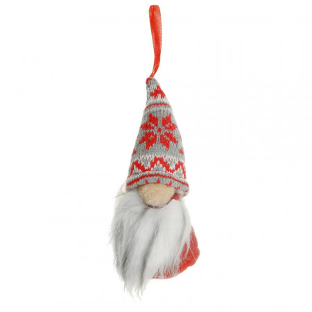 Pitic textil corp rosu caciula gri cu model alb/rosu si barba alb/gri 15cm cu agatatoare