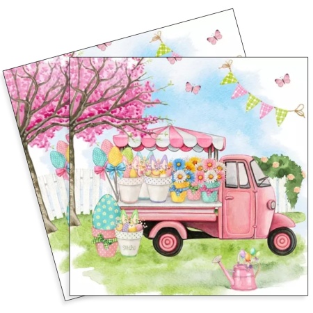 Servetel masina cu decor flori si oua 33x33cm 2/set 381035
