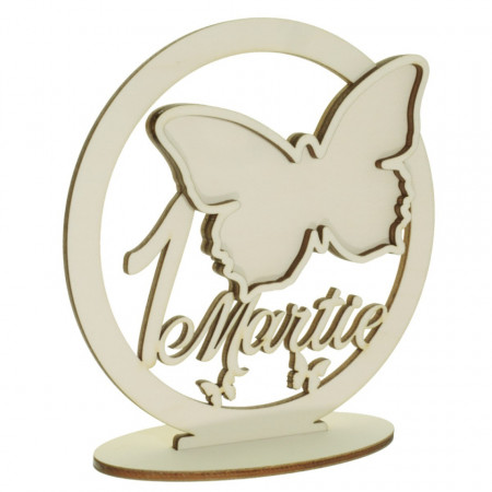 Decoratiune placaj natur decupat inscriptie 1 Martie cu fluturi si suport oval 15cm 3 piese