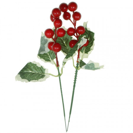 Crenguta frunze ilex si bobite mari rosii 23cm 2/set