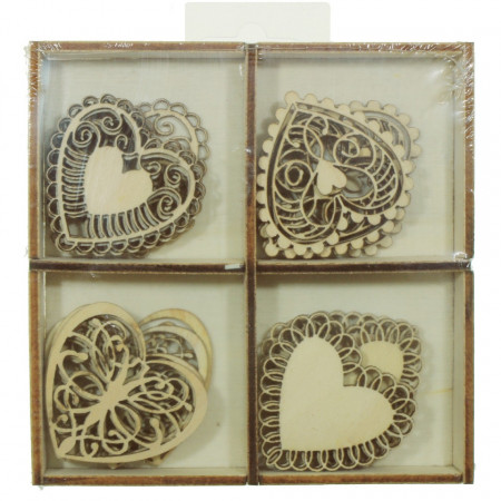Inima placaj natur filigranat 4 modele 4-3,5cm 20/set Daco AD338