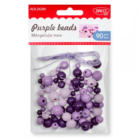 Margele lemn rotunde mov 90/set + 1m elastic Daco AD243M