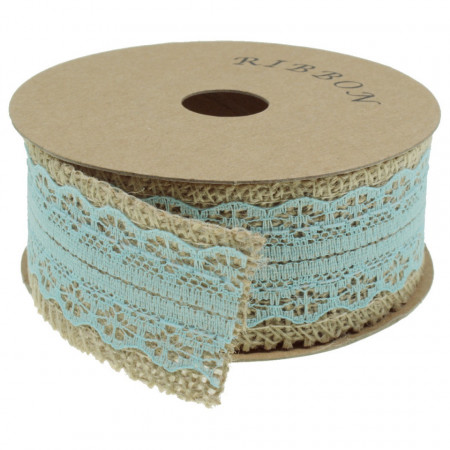 Banda iuta natur 4 cm cu dantela sintetica bleu pe mijloc 3cm 4,3m/rola