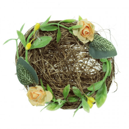 Cuib iarba natur cu decor frunze si flori portocaliu deschis 7cm 079748