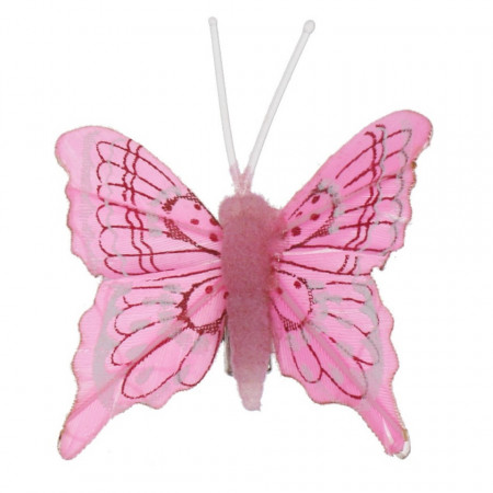Fluture plastic si textil roz cu cleste model-4 5x3,8cm 2/set 7440