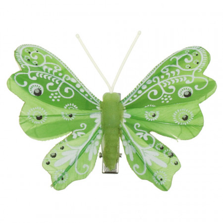 Fluture plastic si textil verde cu cleste 8,3x6cm