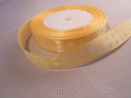 Panglica satinata crem inchis cu fulgi si stelute albe 15mm x 21m/rola