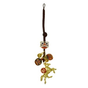 Amuleta Feng Shui - Cal cu moneda si sac de bani 10,5cm auriu/multicolor