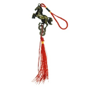 Amuleta Feng Shui - Cal din rasina cu monede si ciucure 30cm rosu/bronz