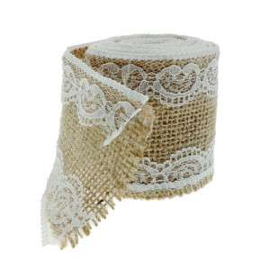 Banda iuta natur cu dantela alba pe margini model-3 6cm x 2m/rola