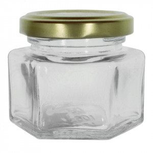 Borcan sticla hexagonal capac metalic culori diverse 80ml 6x6,7x5,7cm (106 TO 53CH)