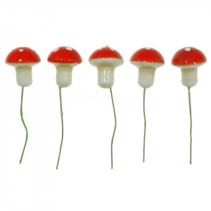 Ciuperca polistiren rosie lucioasa cu buline albe 2x2,5cm cu tija 5/set