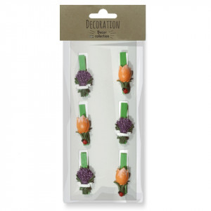 Cleste lemn verde 4,5cm flori rasina mov/portocaliu 2,8/3cm 6/set DD61452