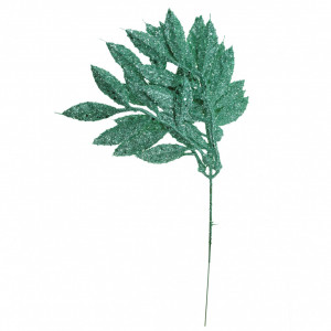 Creanga frunze verde-turcoaz cu sclipici 5 ramificatii 30cm