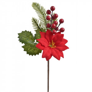 Crenguta brad cu bobite rosii craciunita si frunze 25cm Canea 22CAN18-461