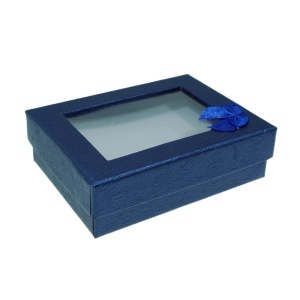 Cutie carton bijuterii dreptunghiulara cu fereastra si fundita 8,5x6,5x2,8cm albastru SS201