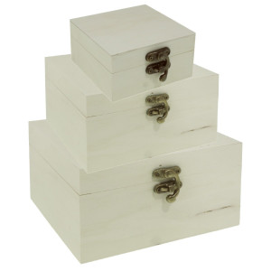 Cutie lemn patrata nefinisata cu inchizatoare carlig 3/set:15,5x15,5x9 - 12,5x12,5x7 - 9,5x9,5x5cm 88028