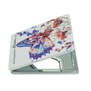 Oglinda de buzunar dubla model Fluture-1 si inscriptie Cu drag pentru mama mea 6x9cm alb/multicolor