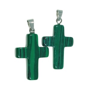 Pandantiv piatra semipretioasa sintetica malachit cruce 19x29mm cu agatatoare metalica argintie 2/set