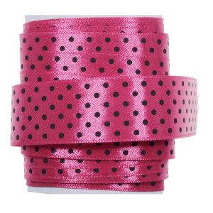 Panglica satinata fucsia cu buline negre 25mm x 5m