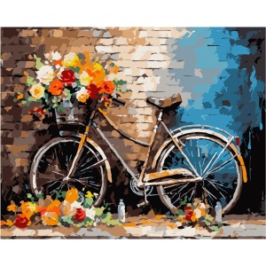 Pictura pe numere cu 24 culori acrilice si 3 pensule 40x50x1,6cm Niki4 - Bicicleta cu flori KINPL8575