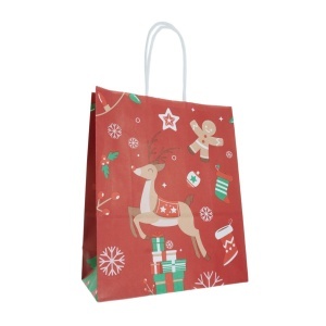 Punga hartie craft rosie interior alb motive Craciun maner indoit 18x8x22cm Colorarte P4229