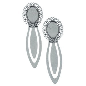 Semn de carte metalic argintiu inchis 2,3x7,5cm pentru cabochon oval 1,3x1,8cm 2/set