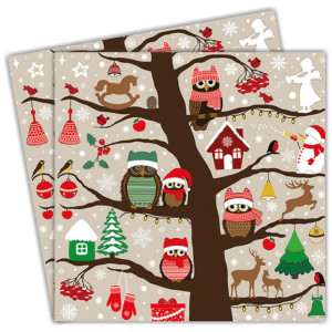 Servetel Copac cu bufnite si decor Craciun 33x33cm 2/set 33315550