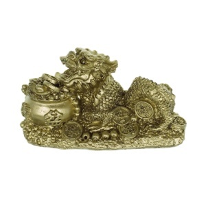Statueta Feng Shui din rasina Dragon cu sacul cu bani 4x9,5x5,5cm bronz FS500