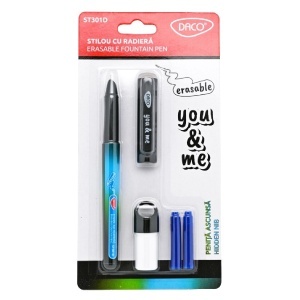 Stilou plastic negru/bleu penita ascunsa cu guma + 2 rezerve cu stergere Daco ST301D
