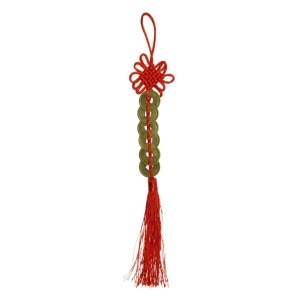 Amuleta Feng Shui - Nod mistic cu 6 monede si ciucure 29cm rosu/bronz
