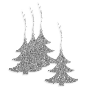 Brad plastic argintiu cu sclipici si agatatoare 9,5x8,5cm 4/set