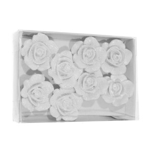 Cap trandafir plastic alb/sclipici cu adeziv 2,5cm 8/set RD18-2068 - Img 1