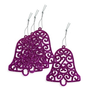 Clopotei plastic cu sclipici roz fucsia si agatatoare 9,5x8cm 4/set