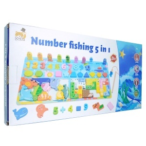 Joc educativ din lemn 5 in 1 - La pescuit cu Cifre - multicolor 23x45,5cm 59 piese + suport