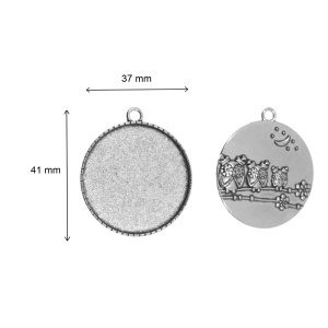 Pandantiv baza argintiu inchis 37x41mm pentru cabochon rotund 34,8mm 2/set bufnite P54 - Img 2