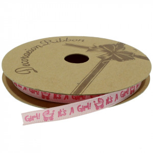 Panglica satinata botez roz cu inscriptie It's a Girl! 10mm x 8m/rola