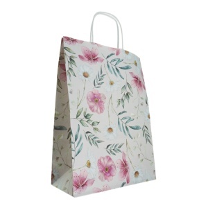 Punga hartie craft crem interior alb model floral maner rasucit 22x10x31cm Colorarte P4497