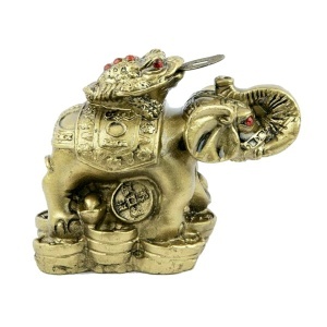 Statueta Feng Shui din rasina Elefant cu moneda si Broasca raioasa cu strasuri 5x7,3x5,5cm bronz cu rosu FS56