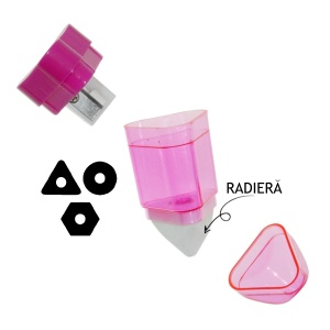 Ascutitoare plastic 1 orificiu cu radiera si container fucsia forma creion 6x2,5cm - Img 2