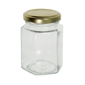 Borcan sticla hexagonal capac metal 100ml 5x5,5x8cm (TO 48 CH2)