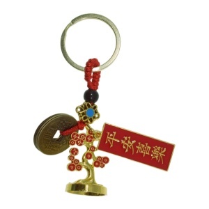 Breloc Feng Shui - Pomul vietii si monede 9cm auriu/rosu