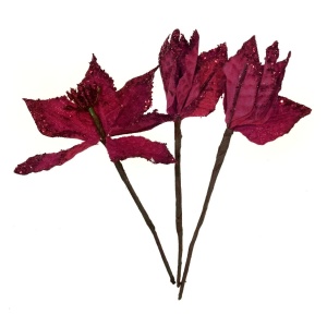 Crenguta cu craciunita rosie si sclipici rosu 16cm 3/set