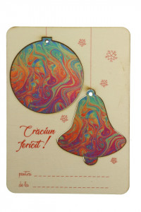 Felicitare placaj cu globuri printate color fata-verso 17,7x13,1cm