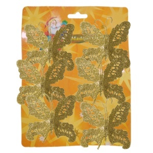Fluture plastic cu sclipici auriu 7x8cm 6/set