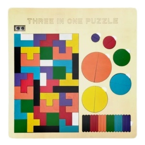 Joc educativ din lemn 3in1 - Tetris - culori diverse 30x30x0,6cm 70 piese + suport