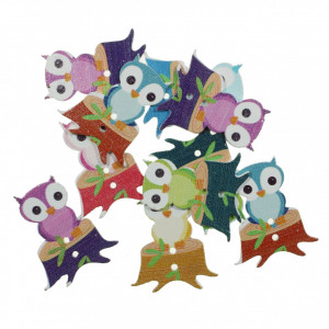 Nasture lemn multicolor bufnita pe trunchi copac 2,7x3,2cm 10/set
